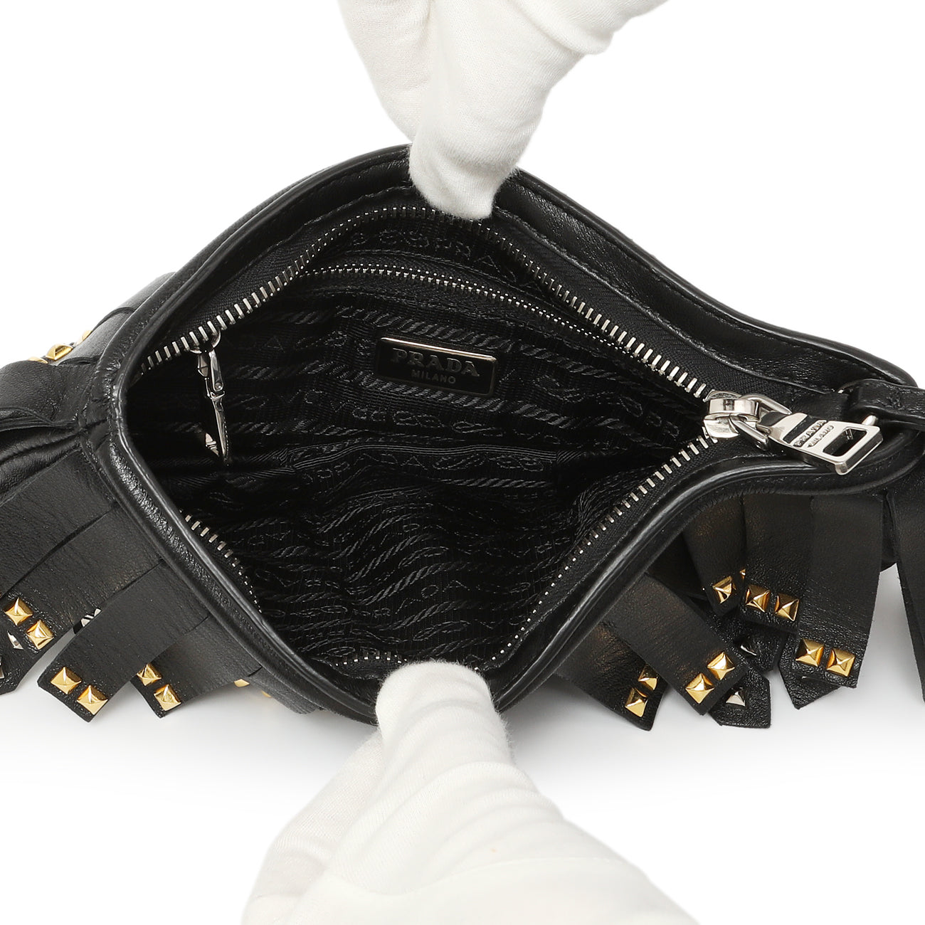 Exclusive Prada Black Nappa Studded Fringe Wristlet Clutch — Top View