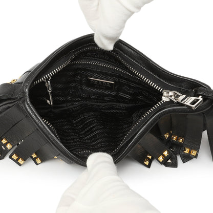 Exclusive Prada Black Nappa Studded Fringe Wristlet Clutch — Top View