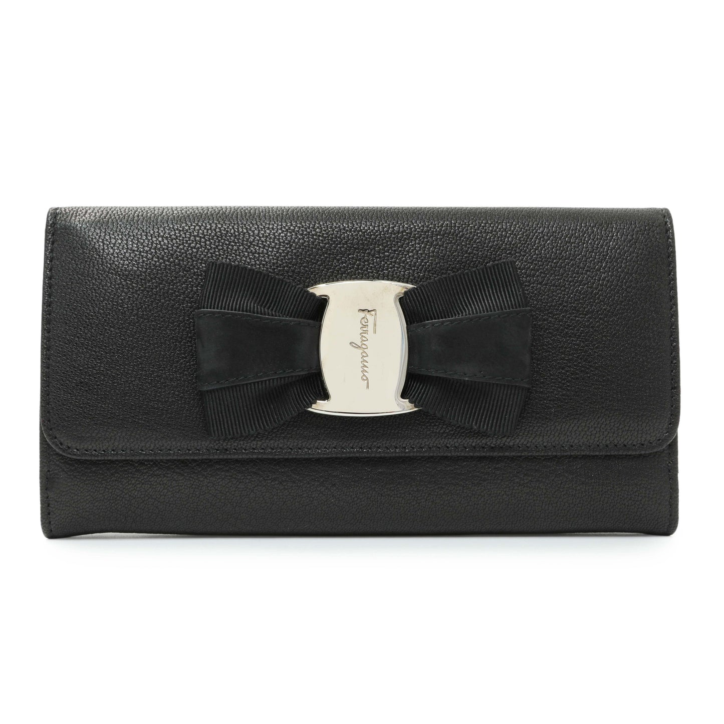 Exclusive Salvatore Ferragamo Black Calfskin Vara Bow Wallet — Front View