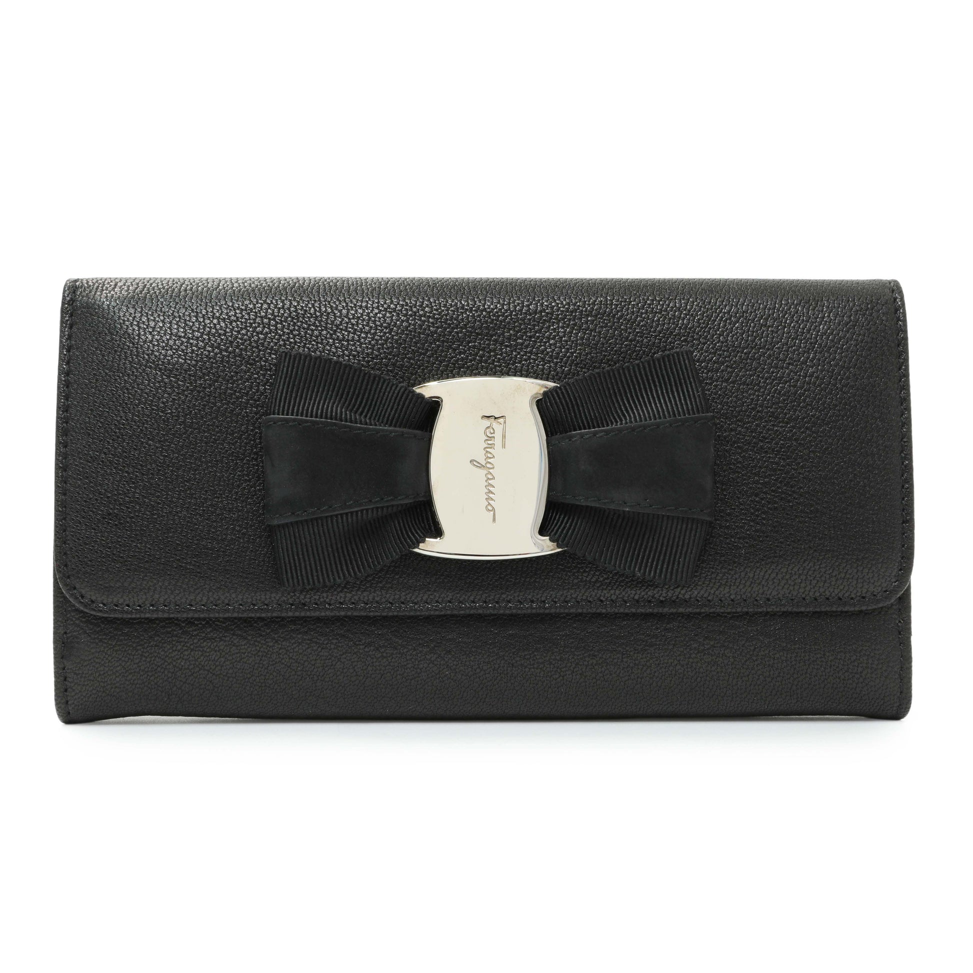 Exclusive Salvatore Ferragamo Black Calfskin Vara Bow Wallet — Front View