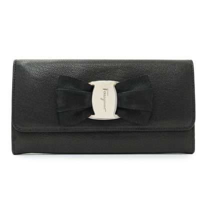 Exclusive Salvatore Ferragamo Black Calfskin Vara Bow Wallet — Front View