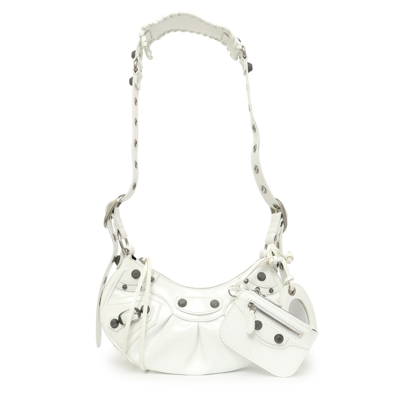 Exclusive Balenciaga White Faux Patent Le Cagole Shoulder Bag XS — Front View