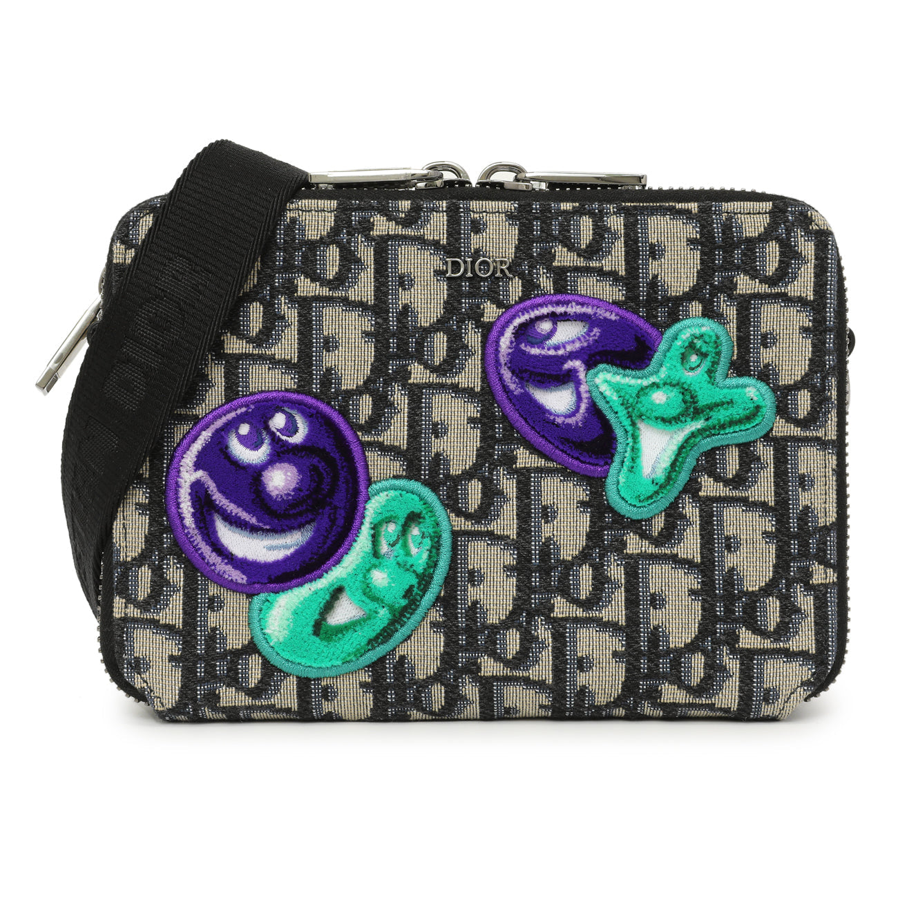 Exclusive Christian Dior X Kenny Scharf Oblique Embroidered Patches Double Zip Crossbody Pouch — Front View