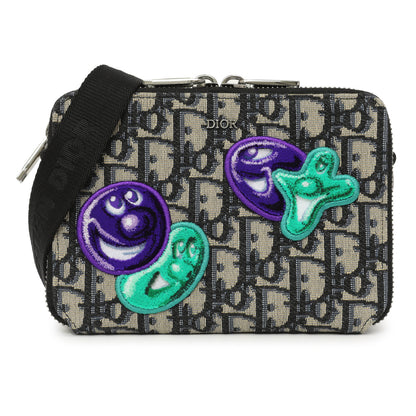 Exclusive Christian Dior X Kenny Scharf Oblique Embroidered Patches Double Zip Crossbody Pouch — Front View