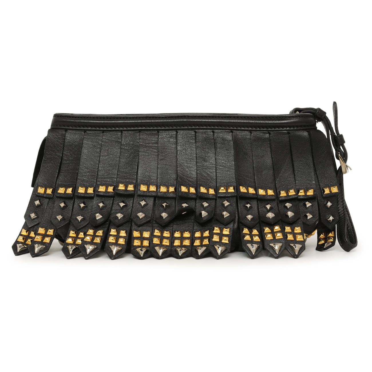 Exclusive Prada Black Nappa Studded Fringe Wristlet Clutch — Front View