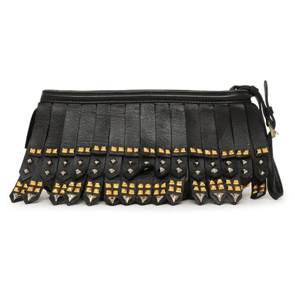 Exclusive Prada Black Nappa Studded Fringe Wristlet Clutch — Front View