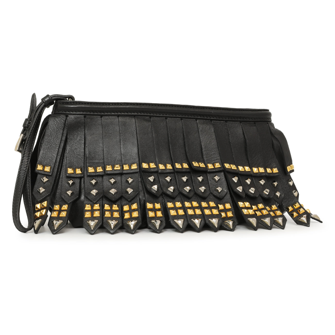 Exclusive Prada Black Nappa Studded Fringe Wristlet Clutch — Side View
