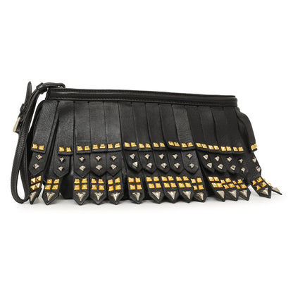Exclusive Prada Black Nappa Studded Fringe Wristlet Clutch — Side View