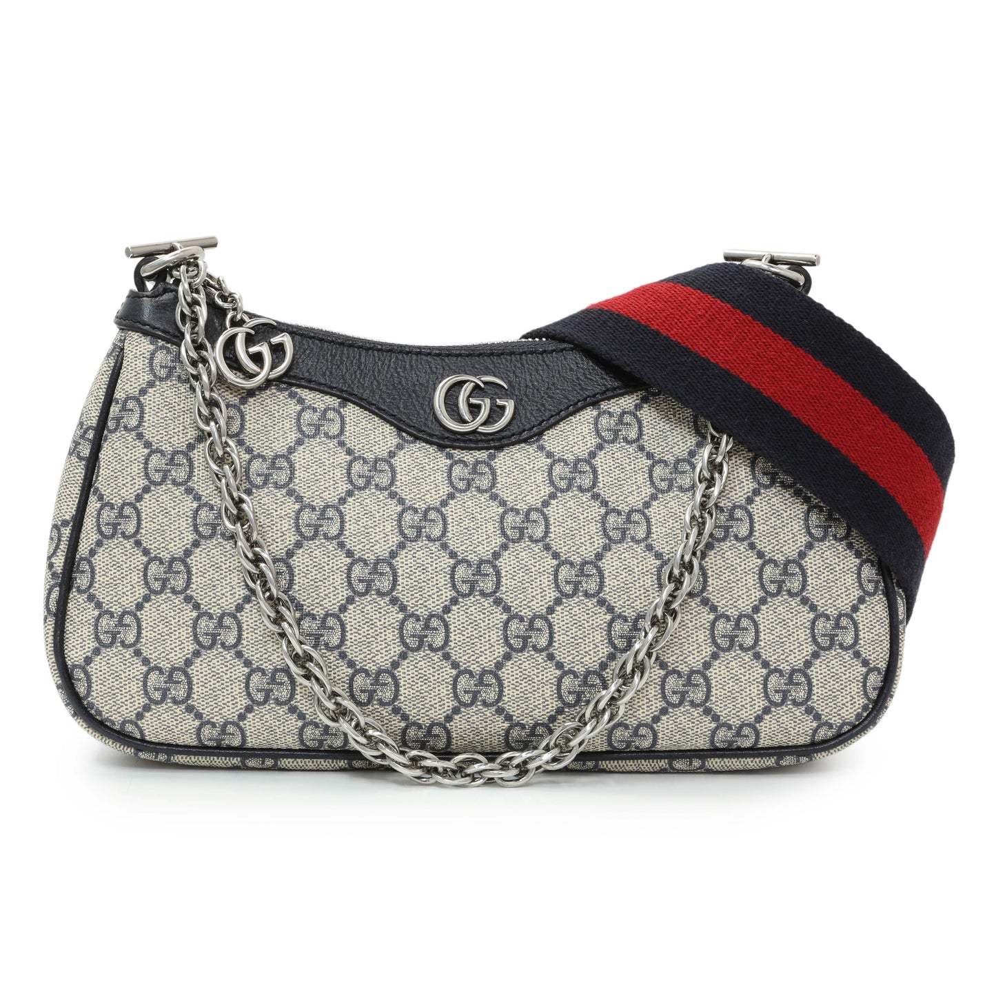 Exclusive Gucci GG Supreme Monogram Textured Dollar Calfskin Web Small Ophidia Shoulder Bag — Front View