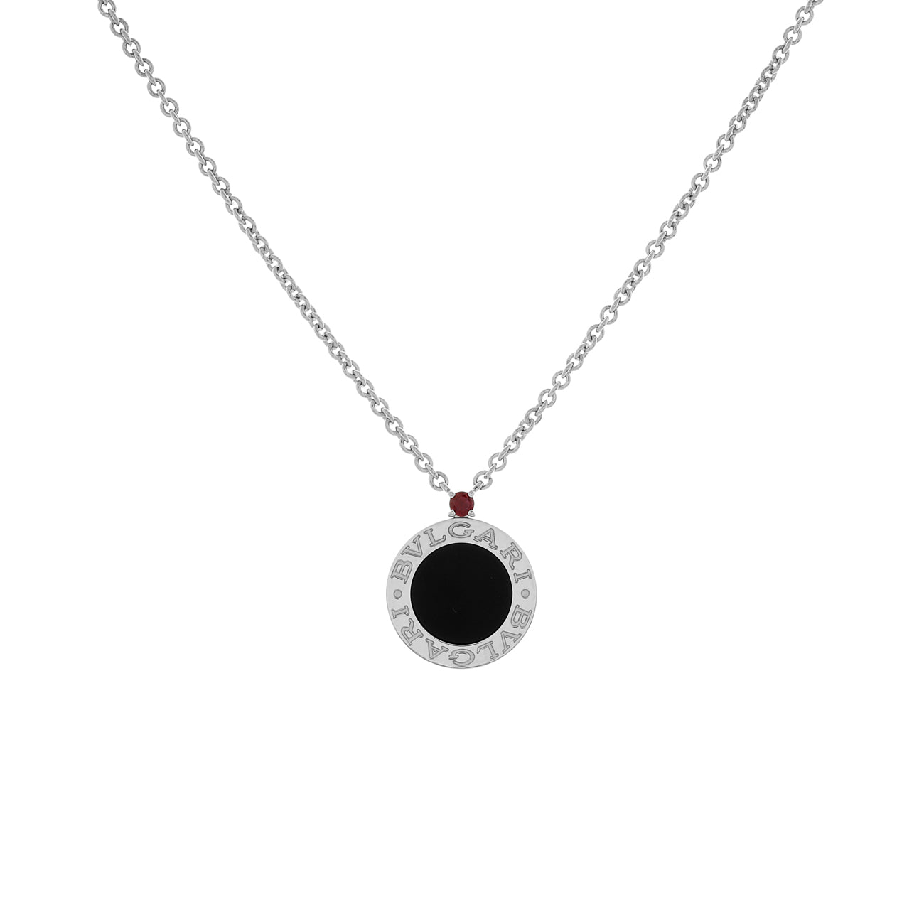 Exclusive Bulgari Sterling Silver Onyx Ruby Save the Children Pendant Necklace — Front View