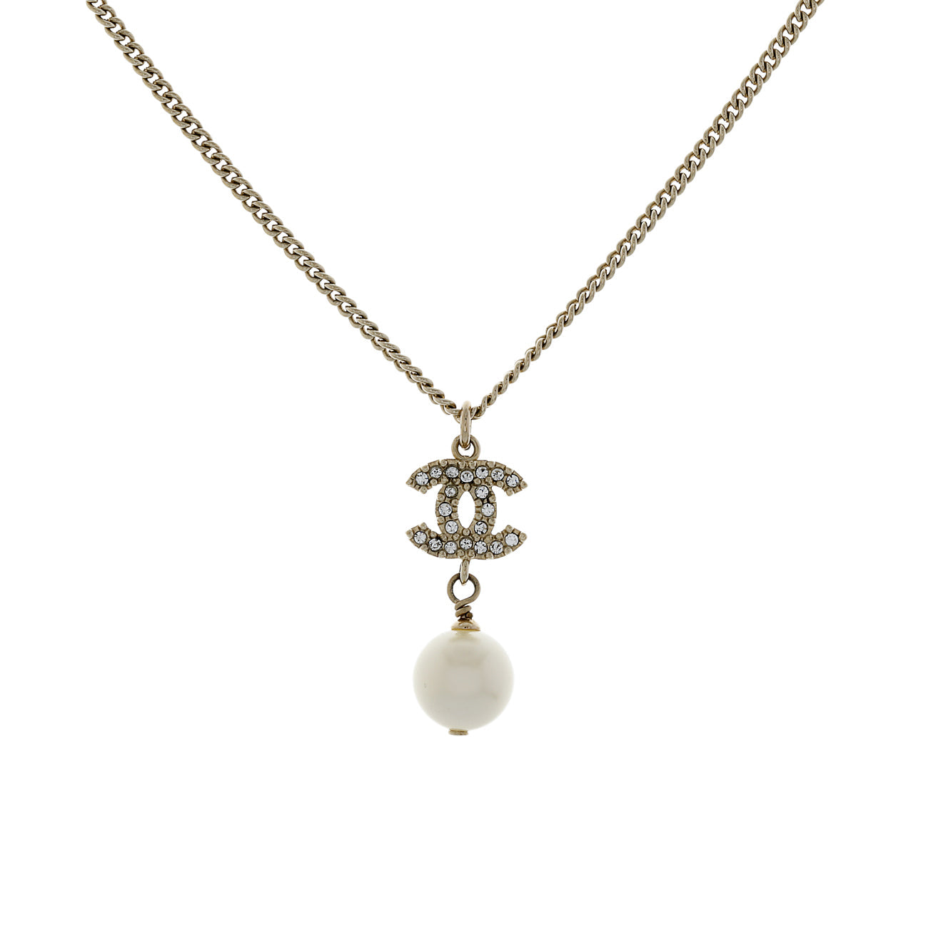 Exclusive Chanel Pearl Crystal CC Drop Pendant Necklace — Front View