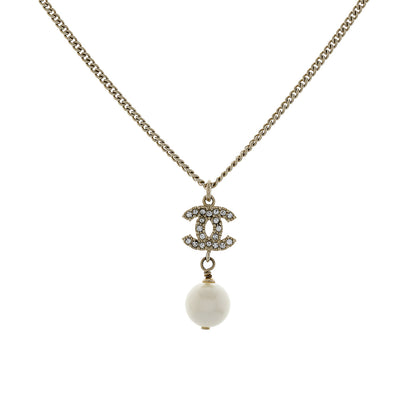 Exclusive Chanel Pearl Crystal CC Drop Pendant Necklace — Front View