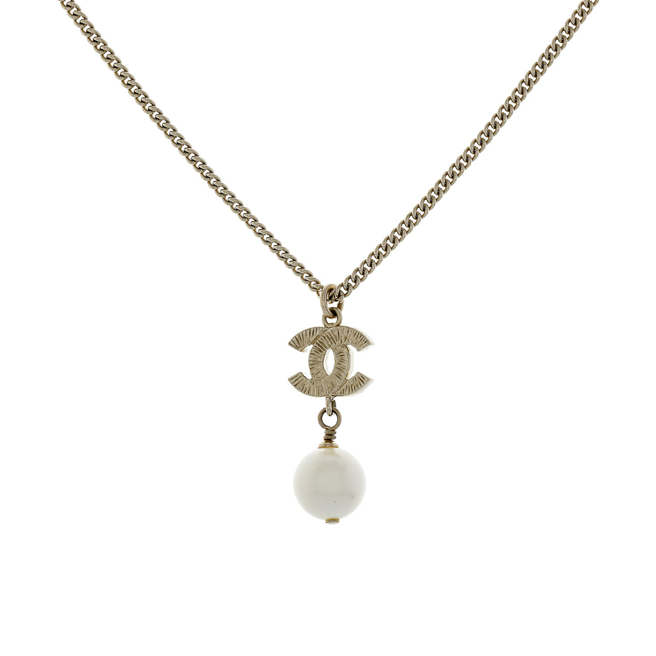 Exclusive Chanel Pearl Crystal CC Drop Pendant Necklace — Side View