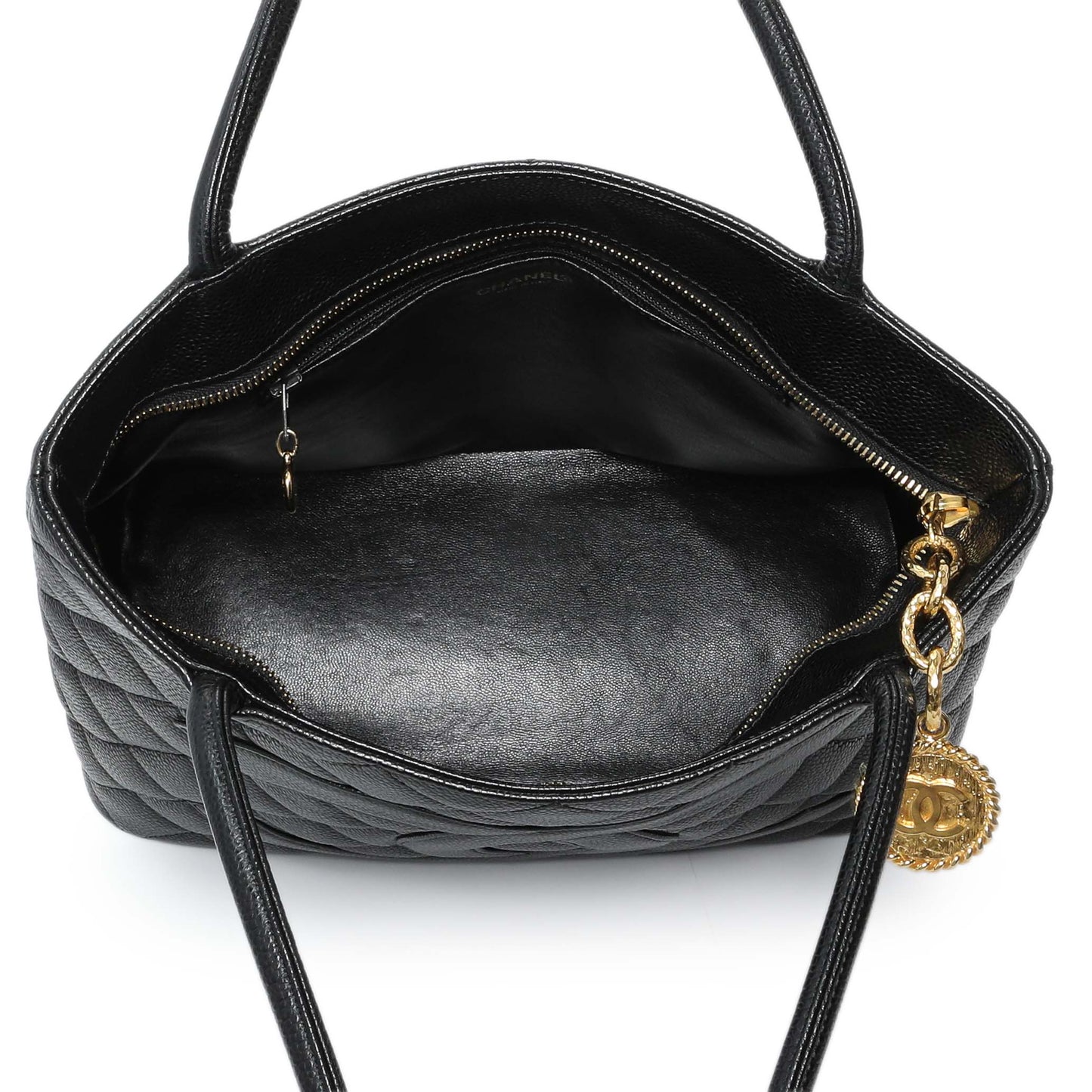 Exclusive Chanel Black Quilted Caviar Medallion Tote — Top View