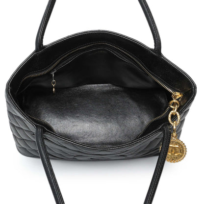Exclusive Chanel Black Quilted Caviar Medallion Tote — Top View