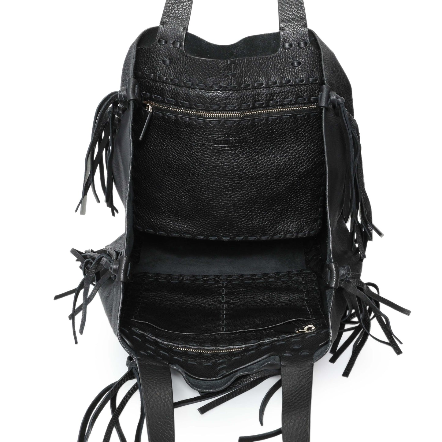 Exclusive Valentino Black Grained Calfskin C-Rockee Fringe Tote — Top View