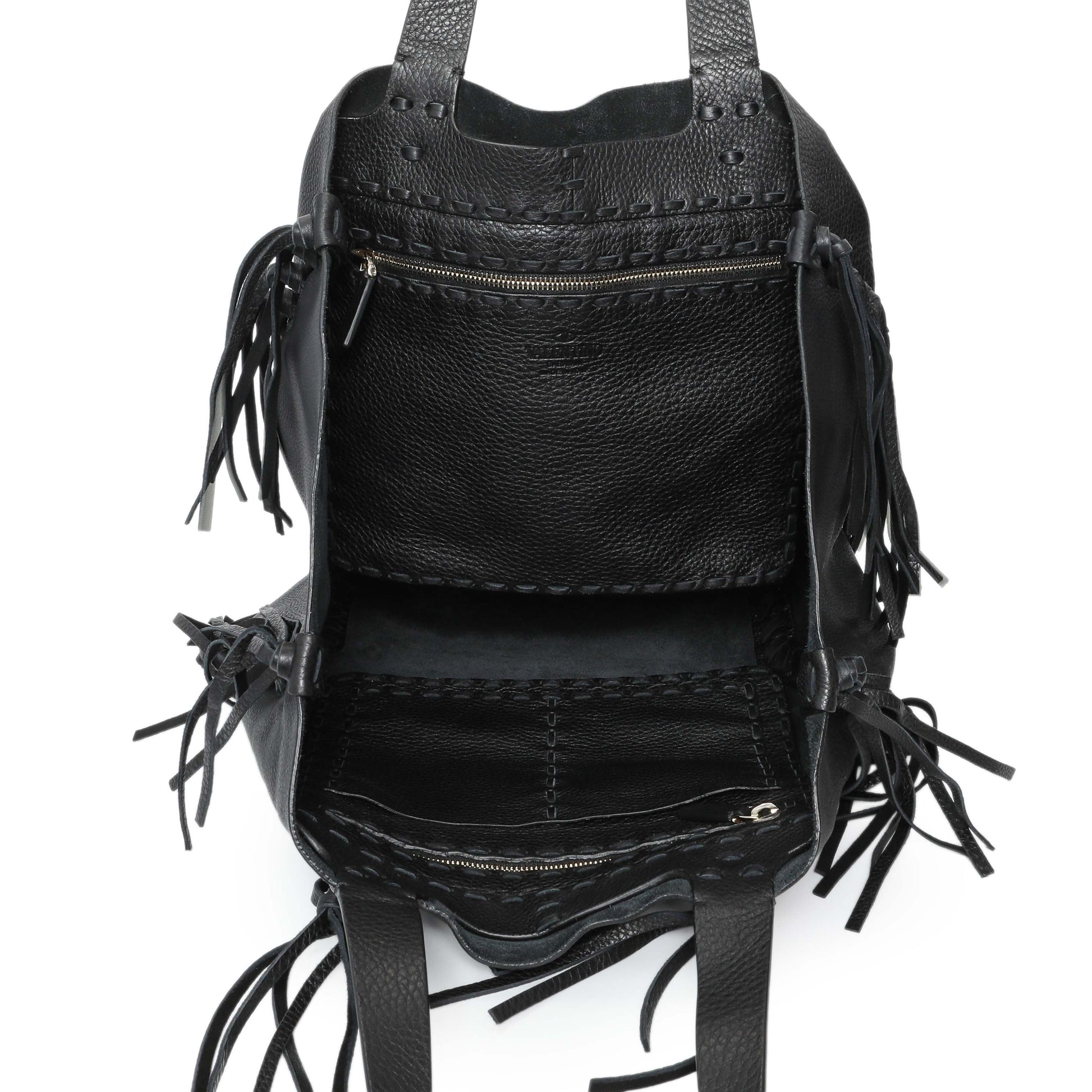 Exclusive Valentino Black Grained Calfskin C-Rockee Fringe Tote — Top View