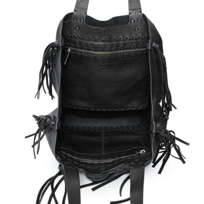 Exclusive Valentino Black Grained Calfskin C-Rockee Fringe Tote — Top View