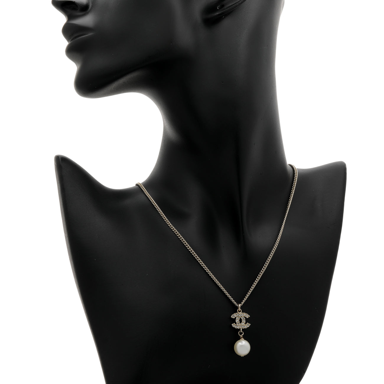 Exclusive Chanel Pearl Crystal CC Drop Pendant Necklace — Top View