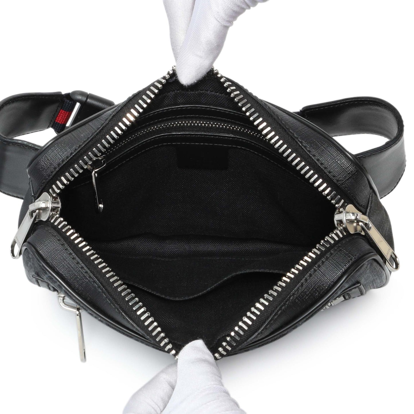 Exclusive Gucci Black Soft GG Supreme Monogram Web Belt Bag — Top View