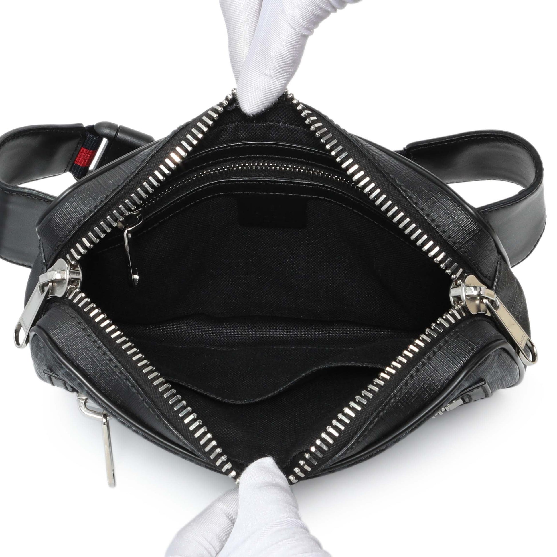 Exclusive Gucci Black Soft GG Supreme Monogram Web Belt Bag — Top View