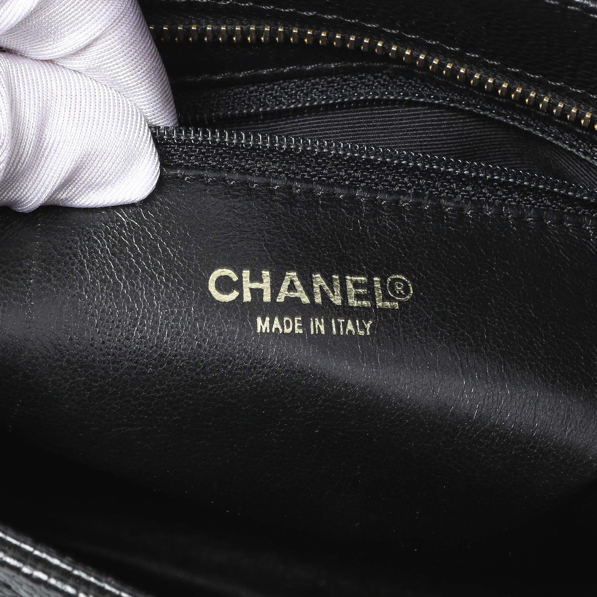 Exclusive Chanel Black Quilted Caviar Medallion Tote — Detail View
