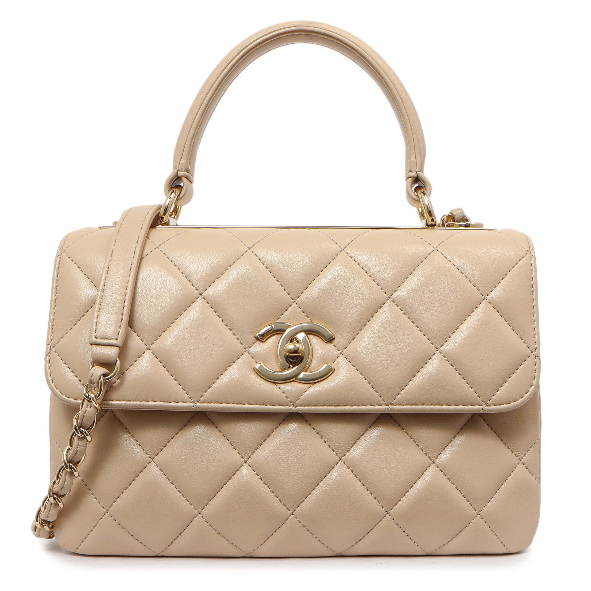 Exclusive Chanel Beige Quilted Lambskin Small Trendy CC Flap Handle Bag — Front View