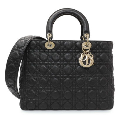 Exclusive Christian Dior Black Grained Calfskin Cannage Large Supple Lady Dior Bag — Front View