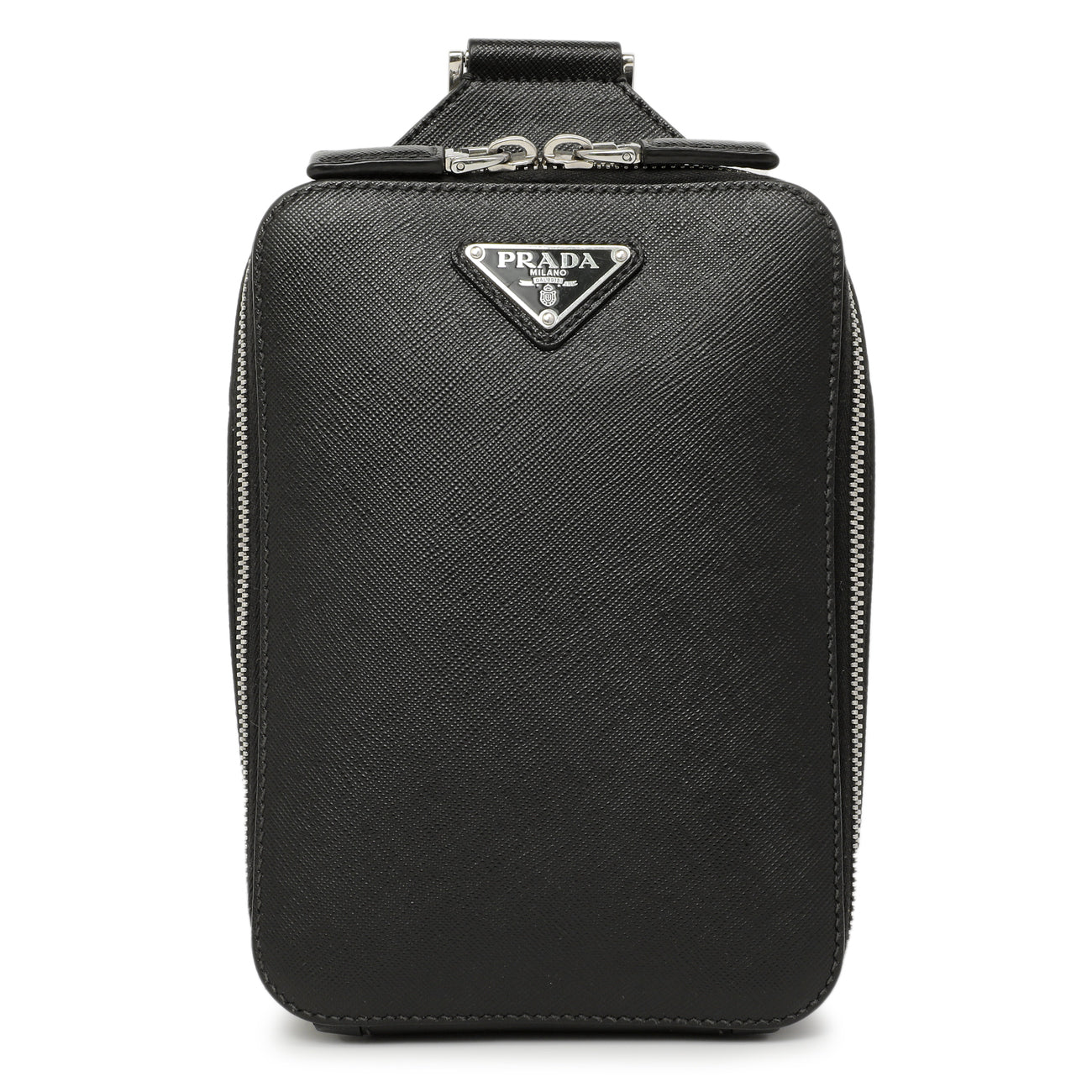 Exclusive Prada Black Brique Saffiano Travel Sling Bag — Front View