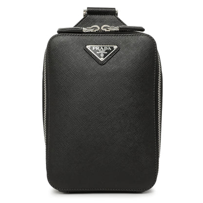 Exclusive Prada Black Brique Saffiano Travel Sling Bag — Front View