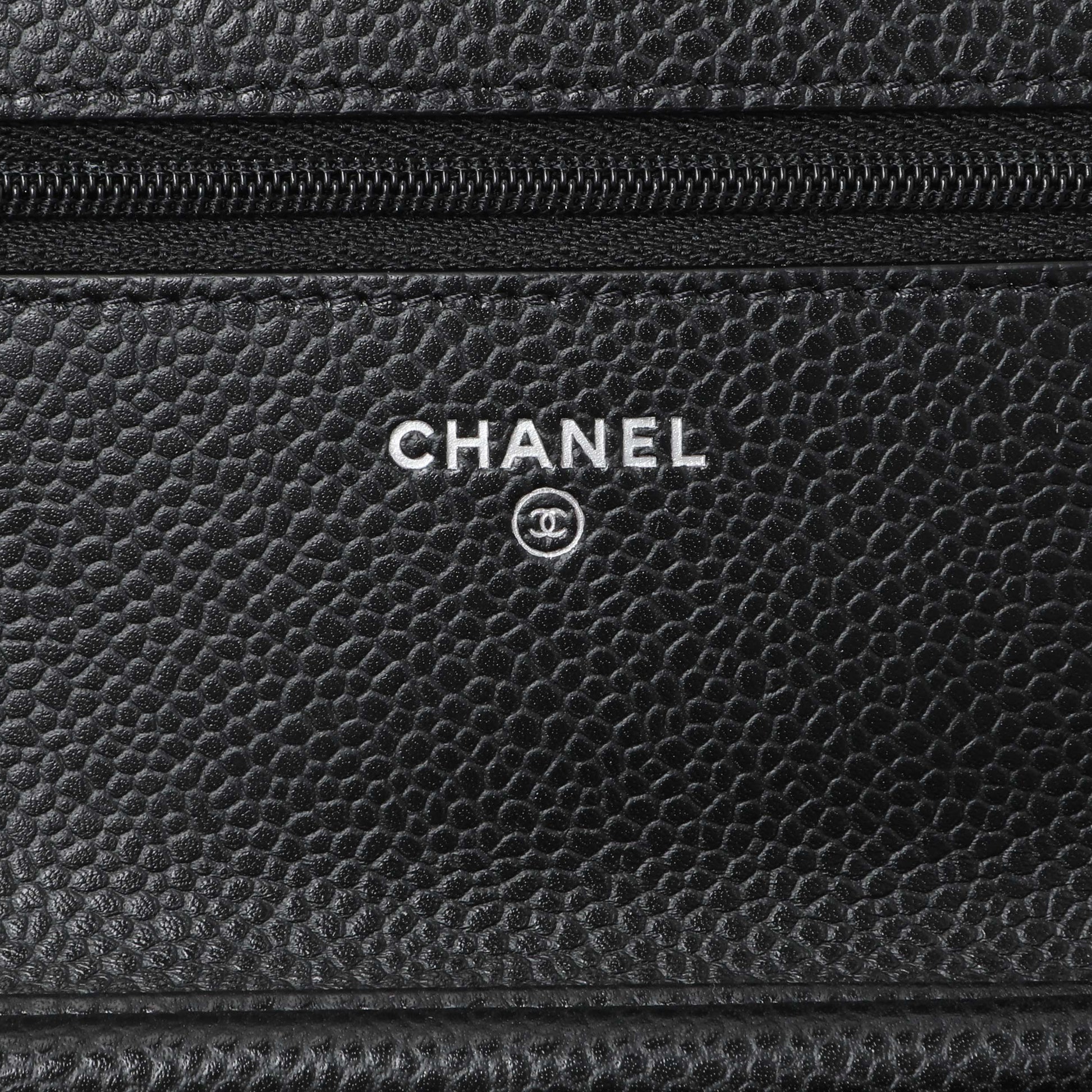 Exclusive Chanel Black Quilted Caviar Wallet on Chain — Detail View