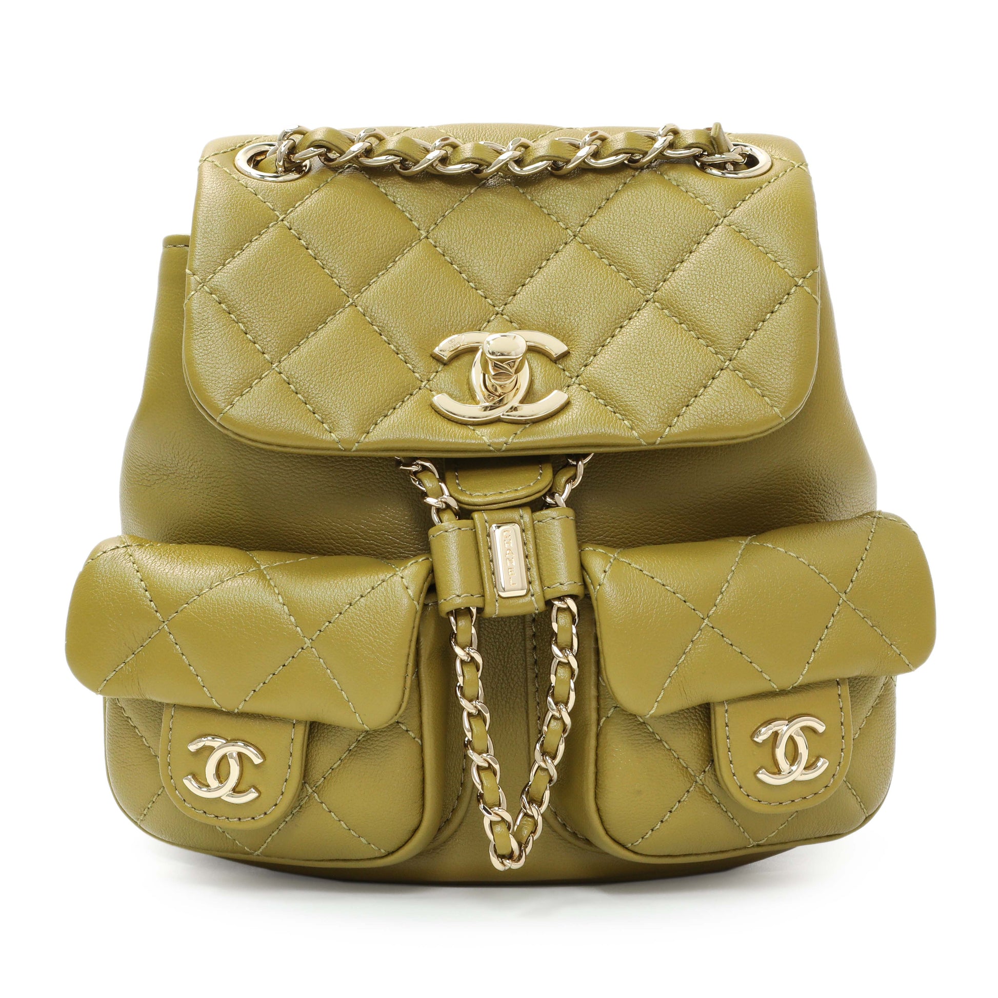 Exclusive Chanel Olive Green Quilted Lambskin Small Duma Pockets Drawstring Backpack — Front View