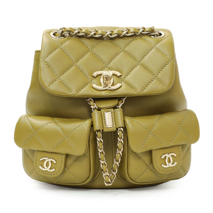 Exclusive Chanel Olive Green Quilted Lambskin Small Duma Pockets Drawstring Backpack — Front View