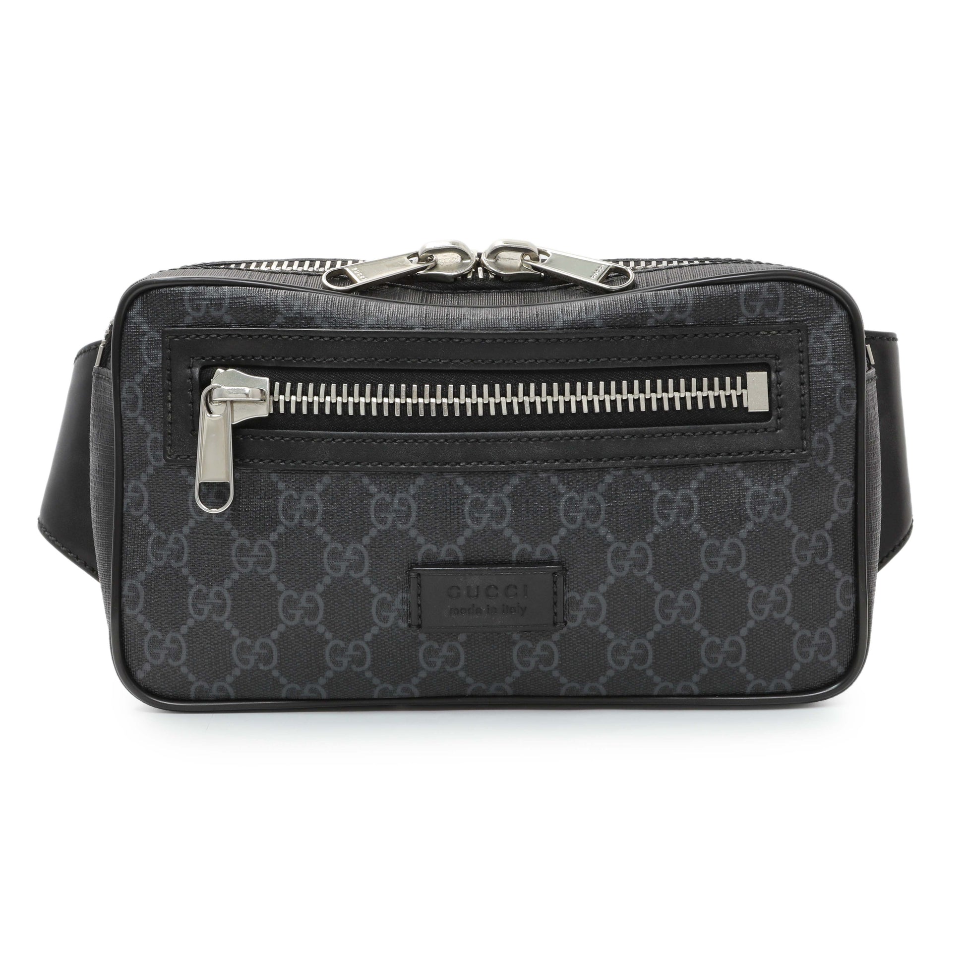 Exclusive Gucci Black Soft GG Supreme Monogram Web Belt Bag — Front View