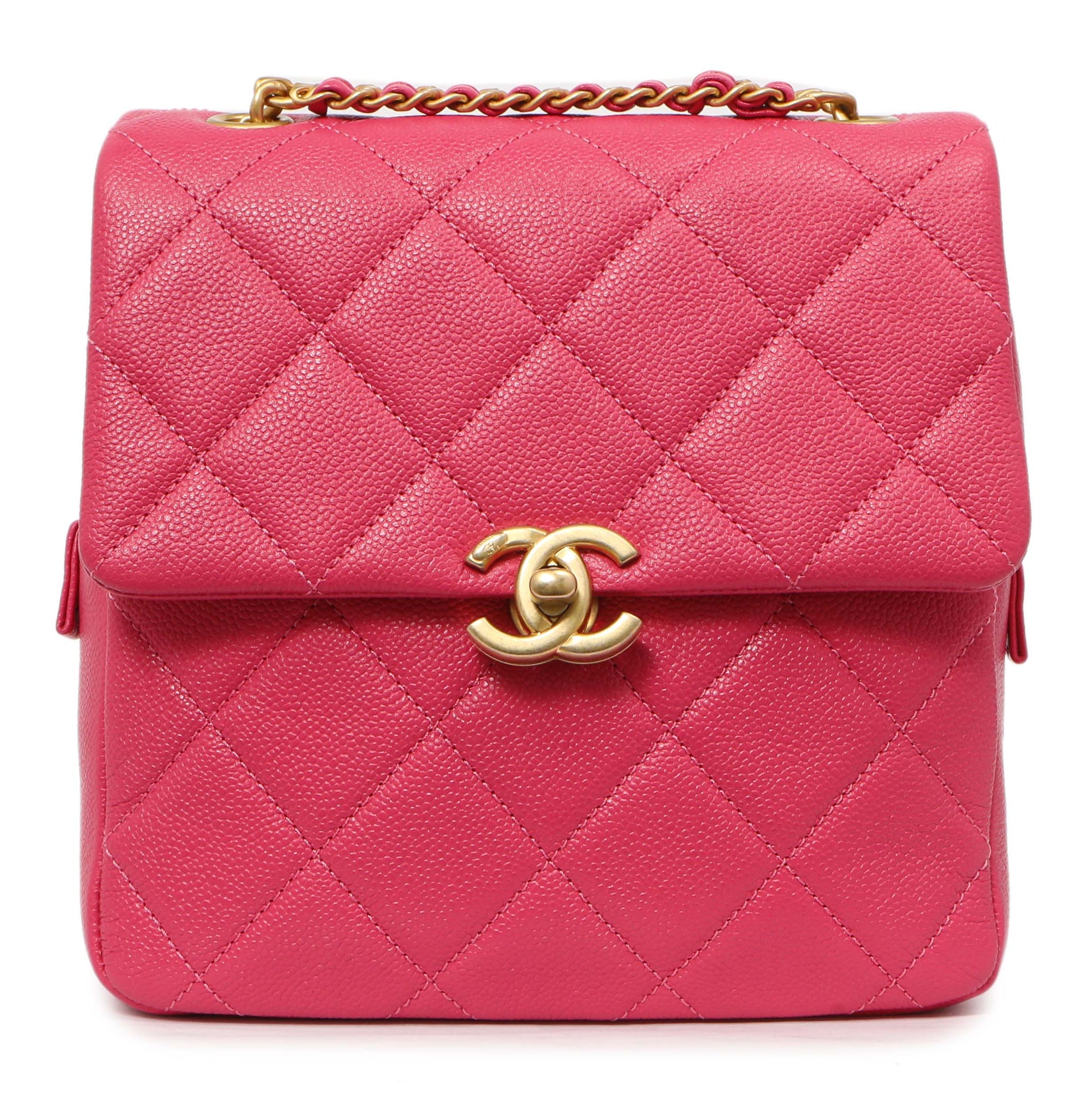 Exclusive Chanel Quilted Pink Caviar Chain Melody Backpack — Front View