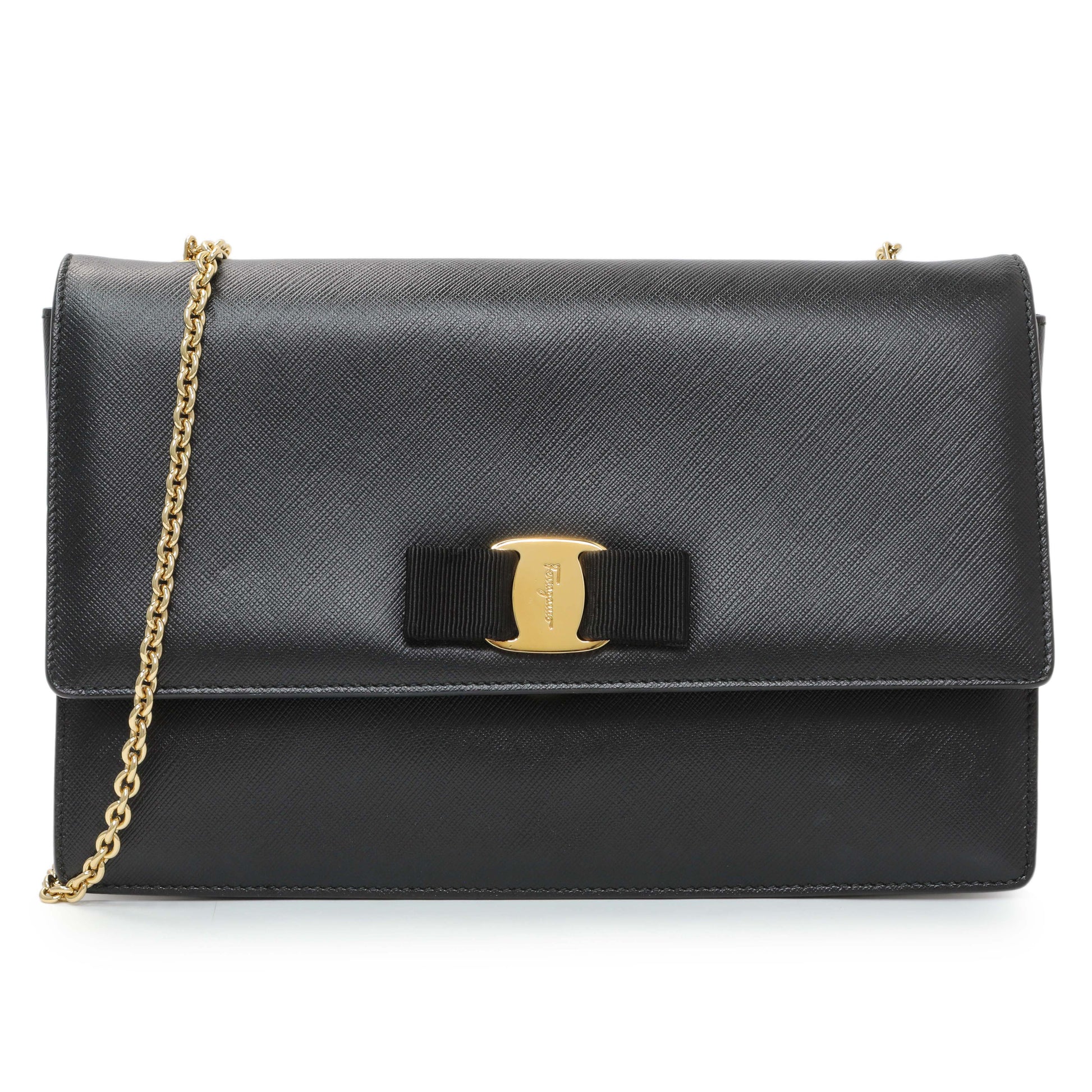 Exclusive Salvatore Ferragamo Black Calfskin Vara Bow Chain Flap Crossbody — Front View