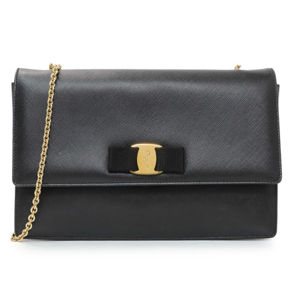 Exclusive Salvatore Ferragamo Black Calfskin Vara Bow Chain Flap Crossbody — Front View