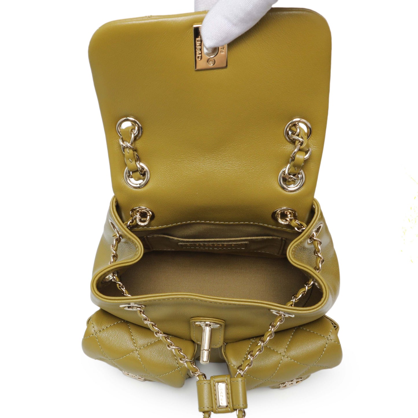 Exclusive Chanel Olive Green Quilted Lambskin Small Duma Pockets Drawstring Backpack — Top View