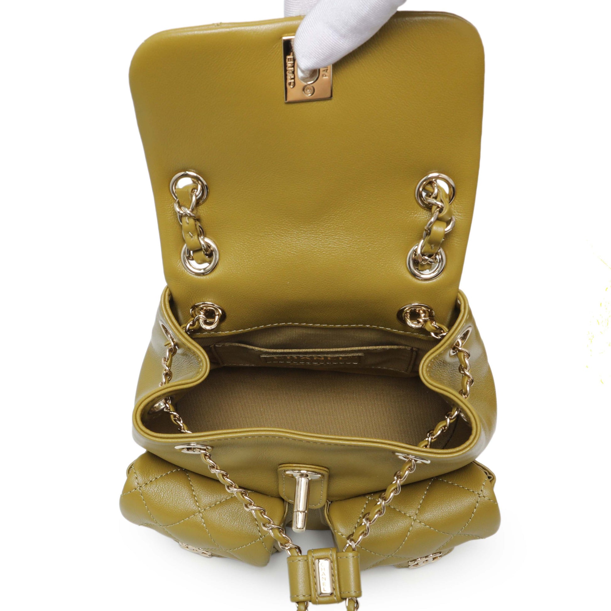 Exclusive Chanel Olive Green Quilted Lambskin Small Duma Pockets Drawstring Backpack — Top View