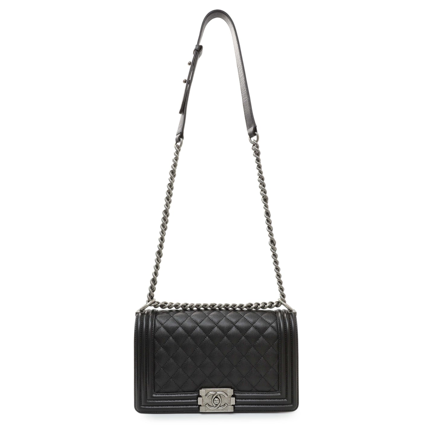 Exclusive Chanel Black Quilted Caviar Medium Boy Flap — Front View
