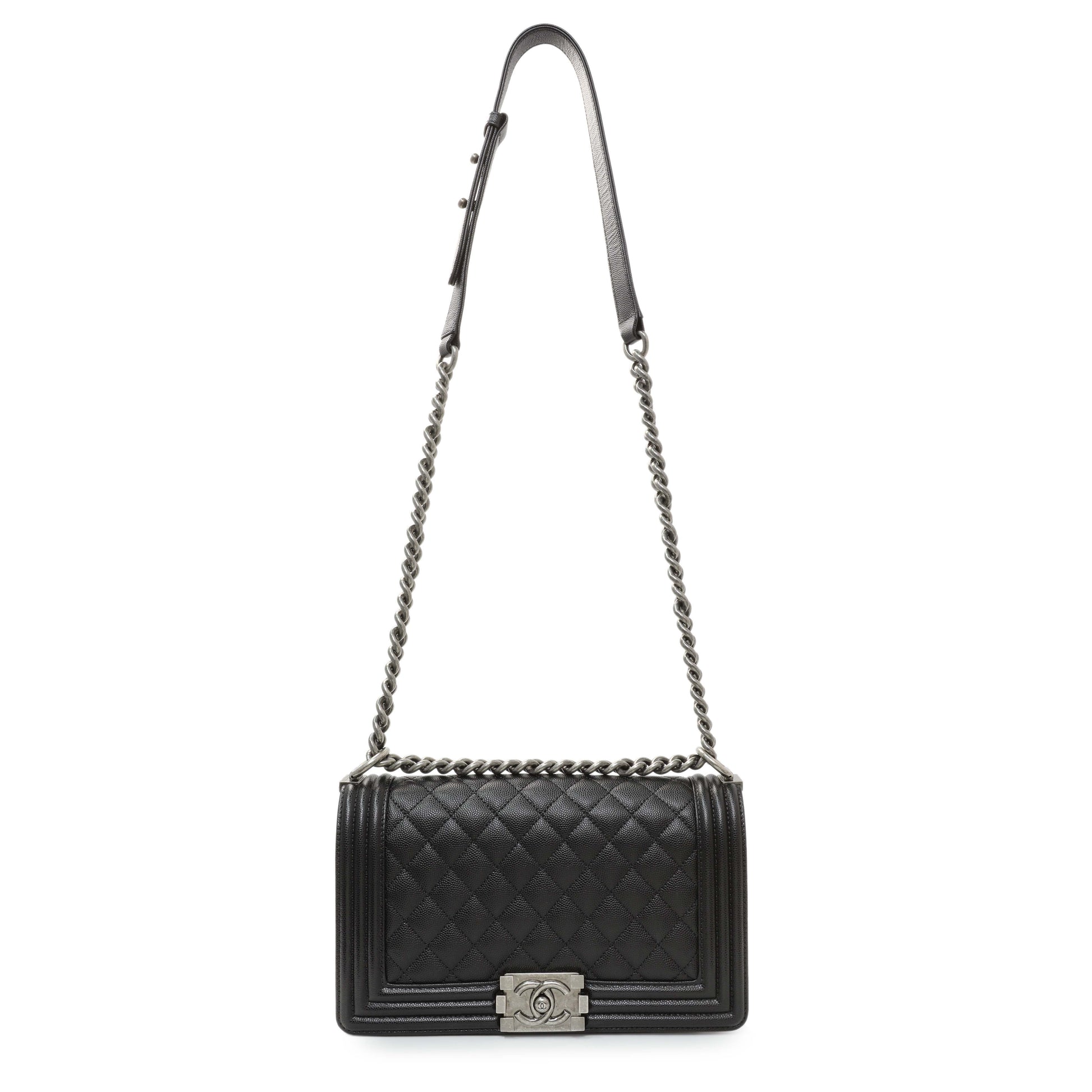 Exclusive Chanel Black Quilted Caviar Medium Boy Flap — Front View