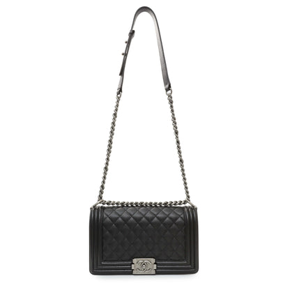 Exclusive Chanel Black Quilted Caviar Medium Boy Flap — Front View