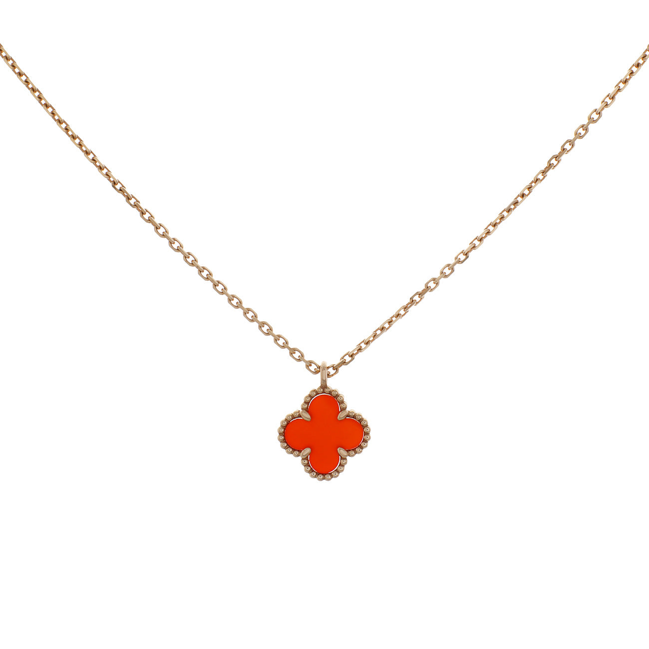 Exclusive Van Cleef & Arpels 18K Rose Gold Carnelian Sweet Alhambra Pendant — Front View