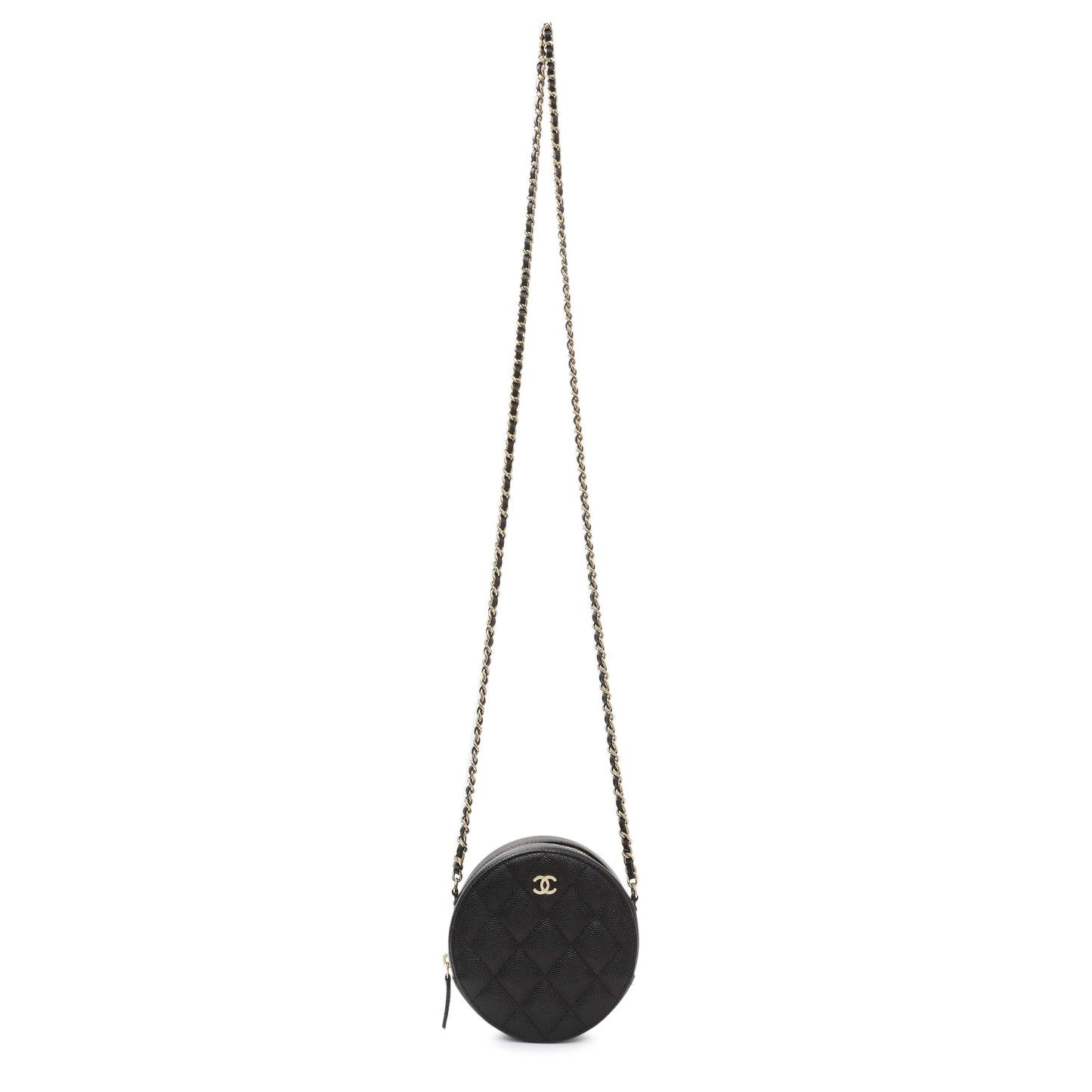 Exclusive Chanel Black Quilted Caviar Round Clutch With Chain — Front View