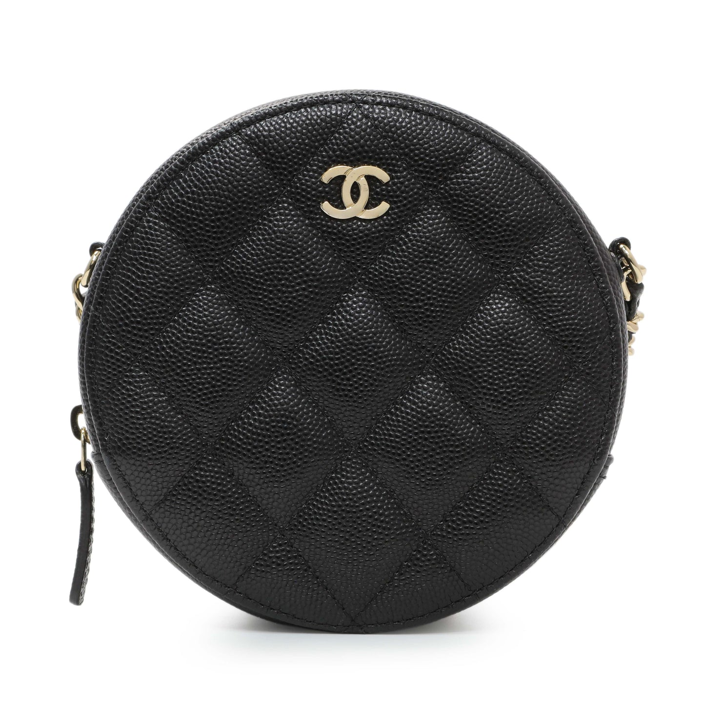 Exclusive Chanel Black Quilted Caviar Round Clutch With Chain — Side View