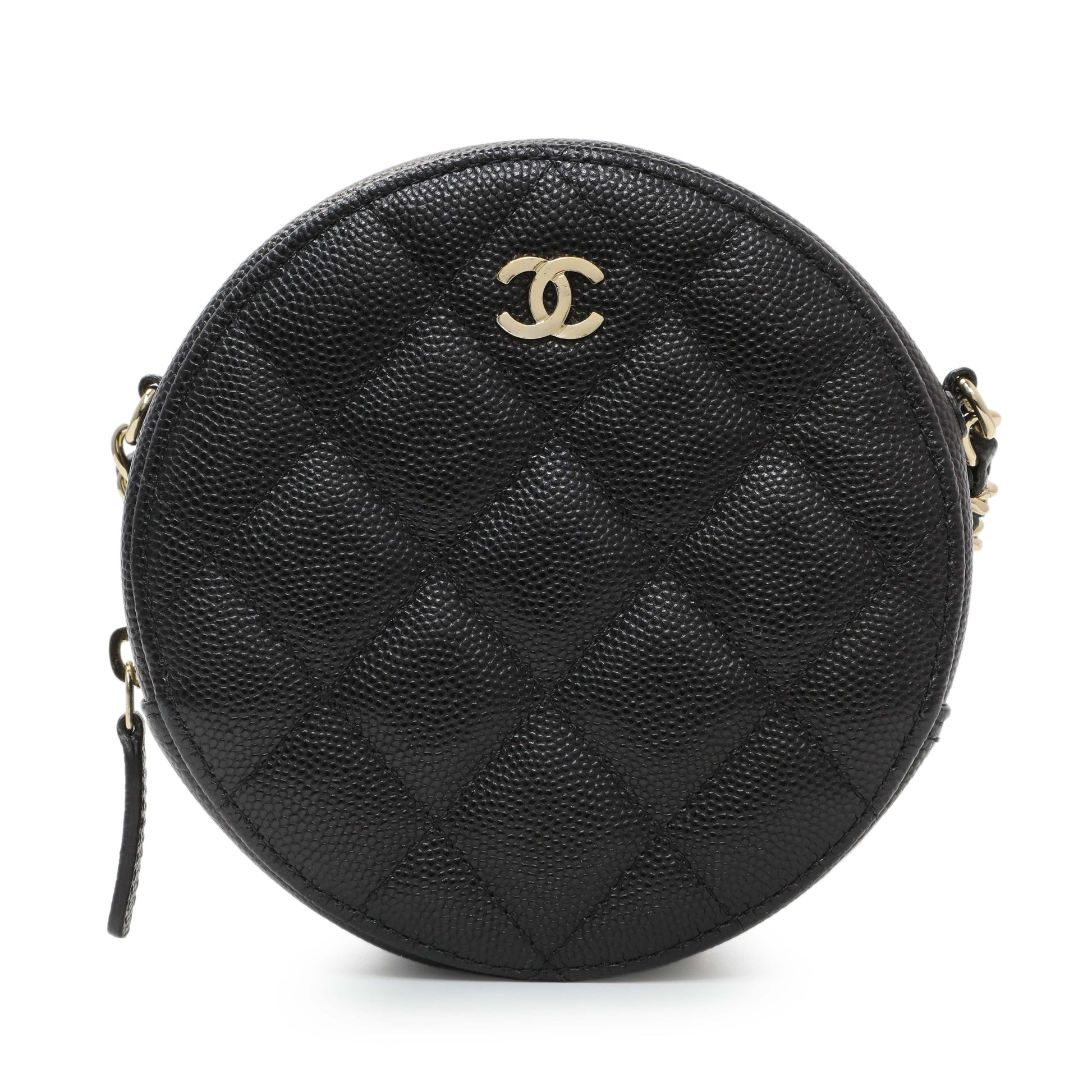 Exclusive Chanel Black Quilted Caviar Round Clutch With Chain — Side View