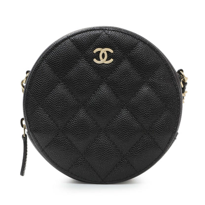 Exclusive Chanel Black Quilted Caviar Round Clutch With Chain — Side View