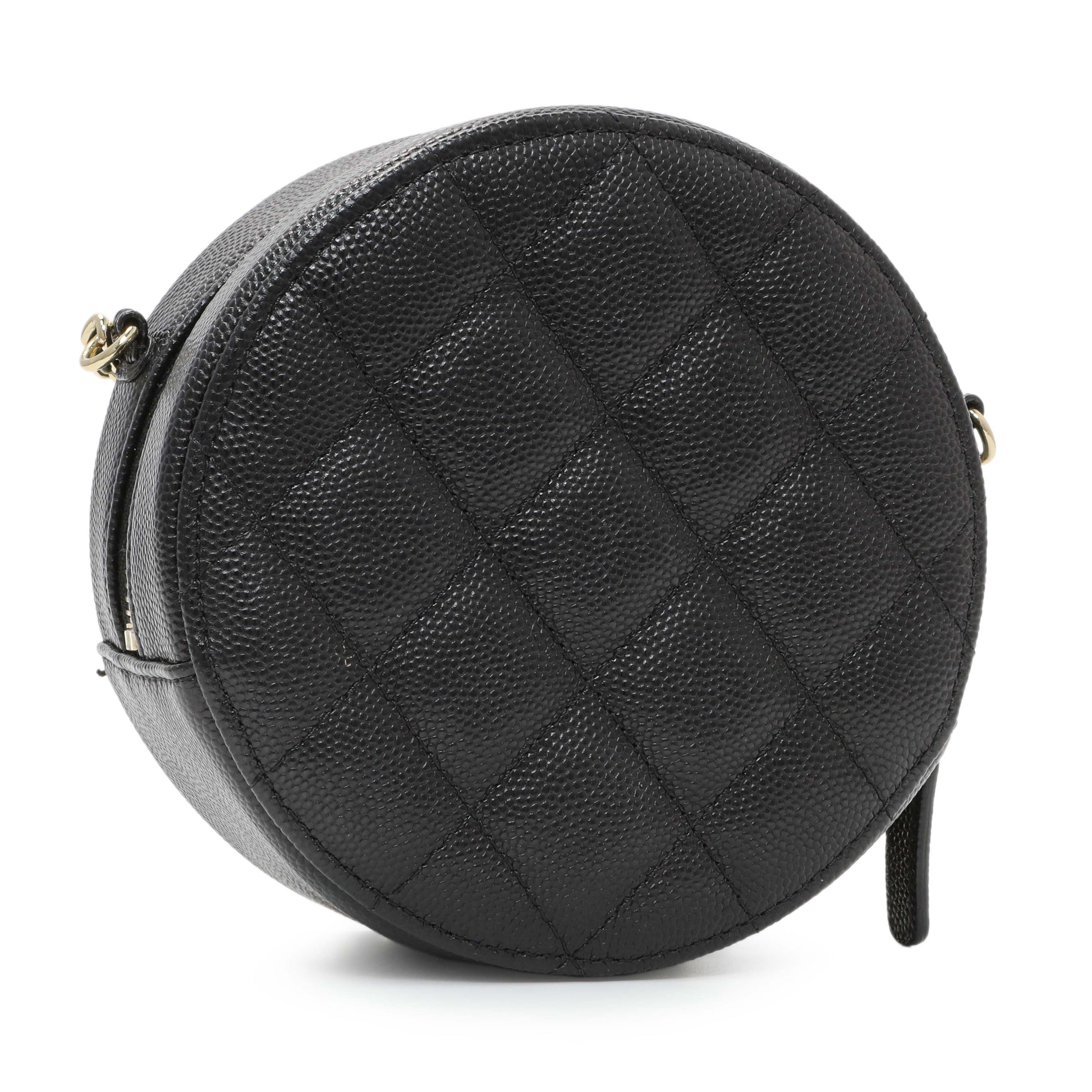 Exclusive Chanel Black Quilted Caviar Round Clutch With Chain — Back View