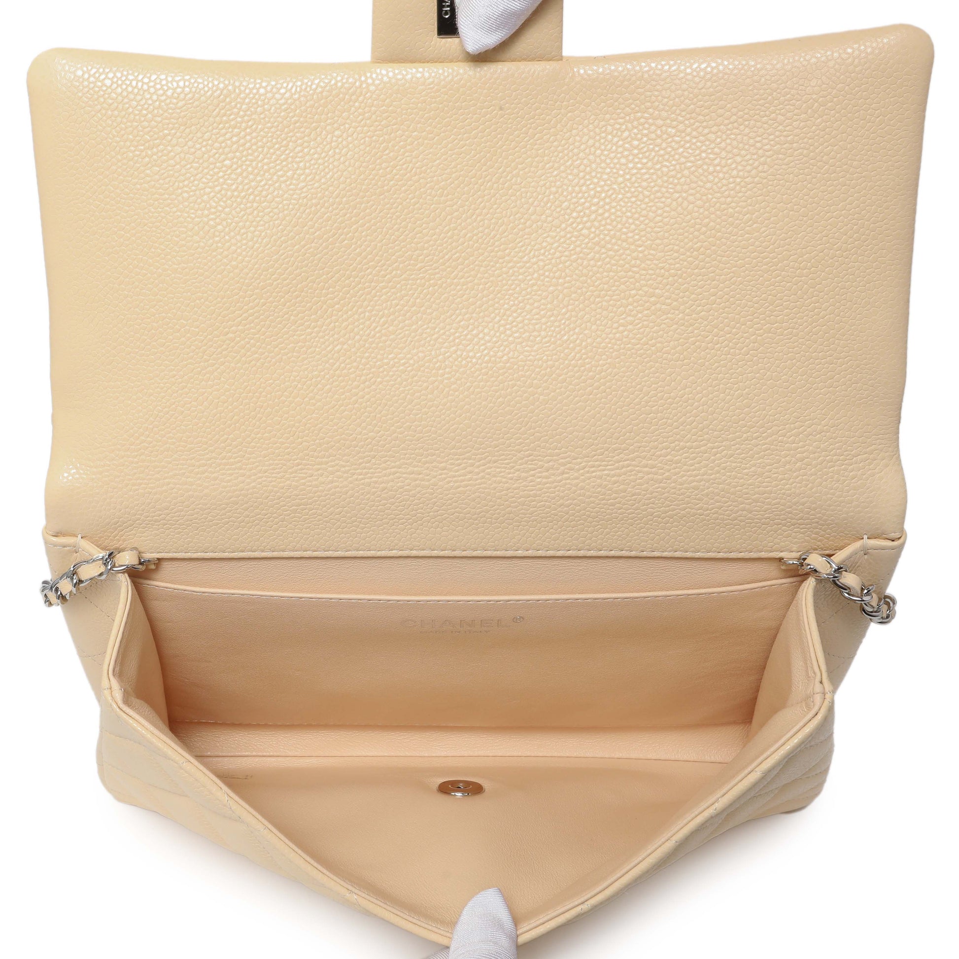 Exclusive Chanel Beige Quilted Caviar Clutch With Chain Flap — Detail View