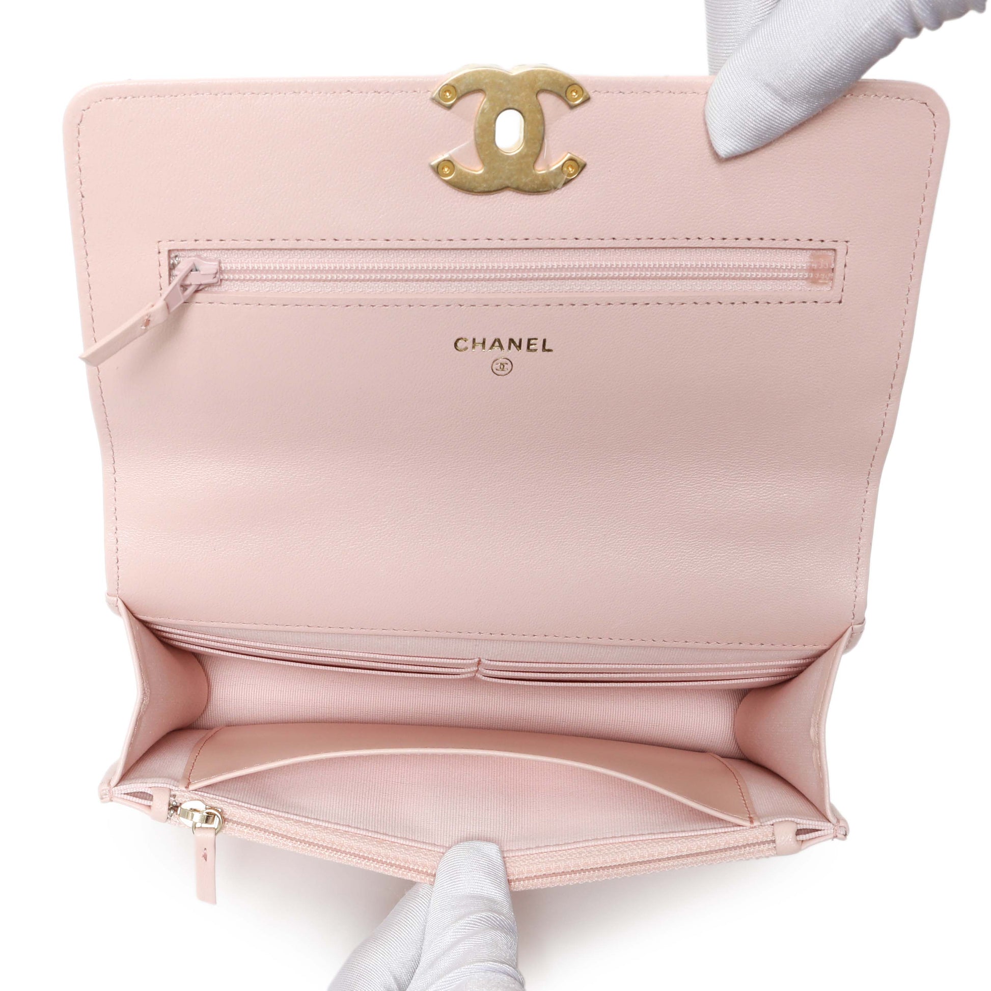 Exclusive Chanel Pink Quilted Lambskin Chanel 19 Wallet on Chain — Detail View